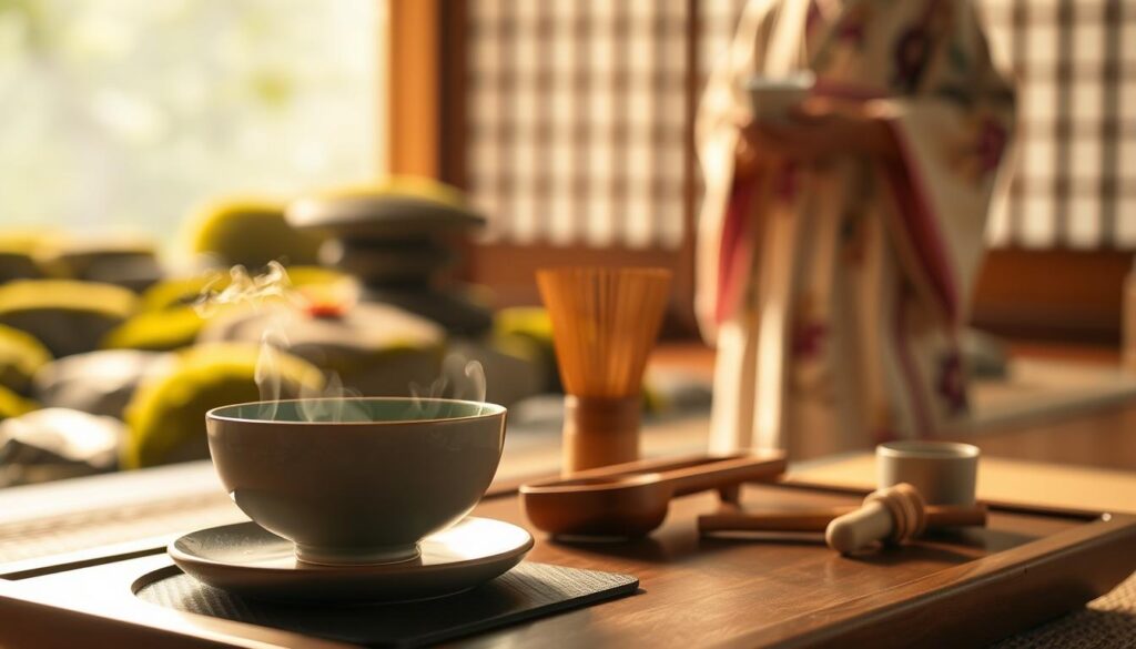 A serene, warm-lit tableau of a traditional Japanese tea ceremony. In the foreground, a delicate ceramic matcha bowl rests on a lacquered tray, steam gently curling from its vibrant green contents. Behind it, the elegant silhouette of a kimono-clad figure, their movements flowing and deliberate as they whisk the powdered tea. In the middle ground, a simple bamboo whisk and tea scoop, the natural textures complementing the earthenware. The background is a softly blurred landscape of moss-covered stones and sliding shoji screens, evoking a sense of tranquility and mindful focus. The lighting is diffuse and golden, casting a cozy, intimate atmosphere over the entire scene. A serene, warm-lit tableau of a traditional Japanese tea ceremony. In the foreground, a delicate ceramic matcha bowl rests on a lacquered tray, steam gently curling from its vibrant green contents. Behind it, the elegant silhouette of a kimono-clad figure, their movements flowing and deliberate as they whisk the powdered tea. In the middle ground, a simple bamboo whisk and tea scoop, the natural textures complementing the earthenware. The background is a softly blurred landscape of moss-covered stones and sliding shoji screens, evoking a sense of tranquility and mindful focus. The lighting is diffuse and golden, casting a cozy, intimate atmosphere over the entire scene.