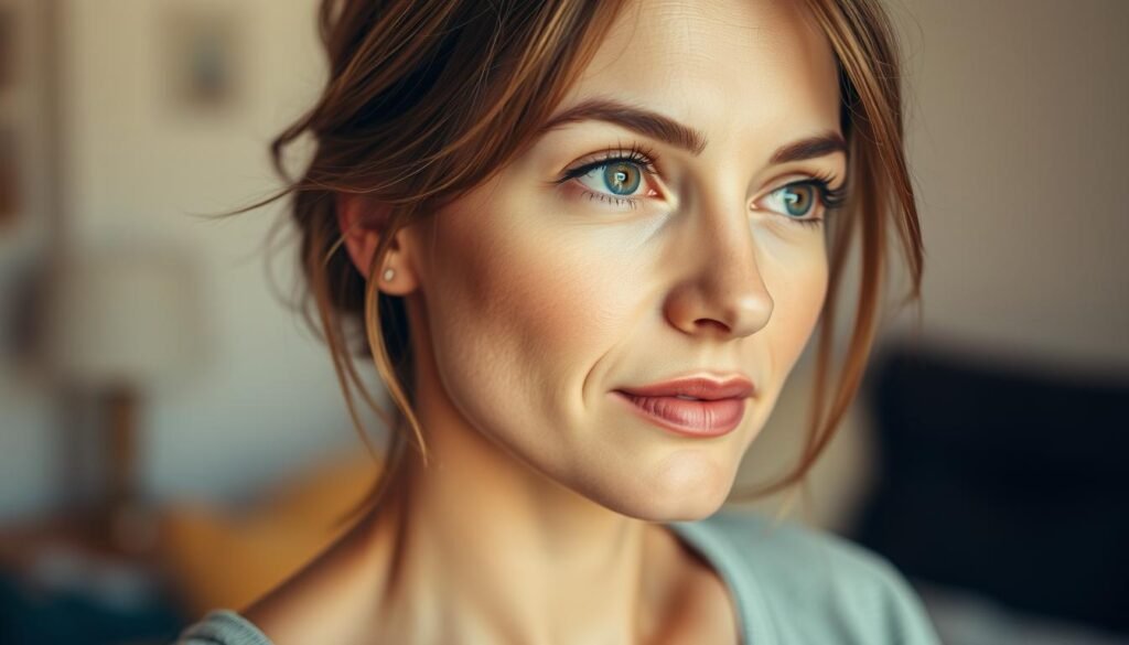 A serene, well-lit close-up portrait of a woman in her late 30s or early 40s, her expression contemplative as she gazes slightly off-camera. Her skin has a subtle glow, and her hair frames her face in a natural, slightly windswept style. The lighting is soft and flattering, creating a sense of calm and introspection. In the background, a blurred, pastel-hued scene suggests a domestic setting, perhaps a bedroom or living room, conveying a sense of comfort and intimacy. The overall mood is one of quiet reflection, mirroring the experience of a woman navigating the early stages of perimenopause.