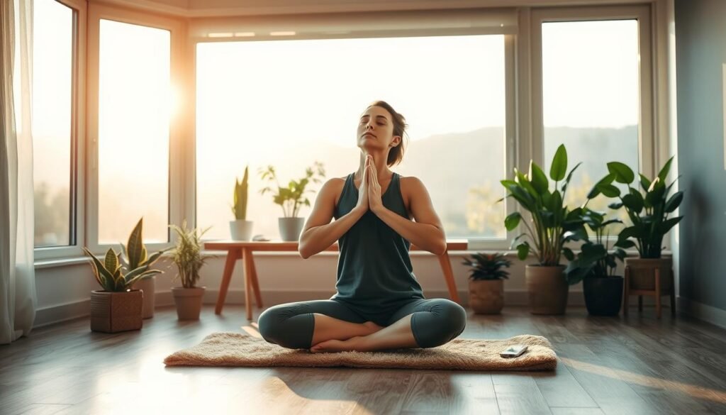 A serene, well-lit morning scene showcasing a person performing a series of breathing exercises. The foreground depicts the subject, seated cross-legged on a plush, earthy-toned yoga mat, eyes gently closed as they inhale and exhale deeply, their movements fluid and focused. The middle ground features an array of soothing house plants and a minimalist wooden table, while the background showcases a large window overlooking a tranquil natural landscape, bathed in soft, warm lighting. The overall atmosphere is one of calm, mindfulness, and rejuvenation, capturing the essence of a transformative morning breathwork routine. A serene, well-lit morning scene showcasing a person performing a series of breathing exercises. The foreground depicts the subject, seated cross-legged on a plush, earthy-toned yoga mat, eyes gently closed as they inhale and exhale deeply, their movements fluid and focused. The middle ground features an array of soothing house plants and a minimalist wooden table, while the background showcases a large window overlooking a tranquil natural landscape, bathed in soft, warm lighting. The overall atmosphere is one of calm, mindfulness, and rejuvenation, capturing the essence of a transformative morning breathwork routine.
