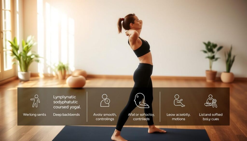 A serene, well-lit yoga studio with wooden floors and natural lighting. In the foreground, a person demonstrating proper body alignment and movement during a lymphatic-focused yoga practice, with clear visual cues for safety and modifications. In the middle ground, a series of simple infographic-style illustrations highlighting key safety tips, such as avoiding deep backbends, maintaining smooth, controlled motions, and listening to body cues. The background features soothing, nature-inspired elements like potted plants, creating a calming, therapeutic atmosphere. A serene, well-lit yoga studio with wooden floors and natural lighting. In the foreground, a person demonstrating proper body alignment and movement during a lymphatic-focused yoga practice, with clear visual cues for safety and modifications. In the middle ground, a series of simple infographic-style illustrations highlighting key safety tips, such as avoiding deep backbends, maintaining smooth, controlled motions, and listening to body cues. The background features soothing, nature-inspired elements like potted plants, creating a calming, therapeutic atmosphere.