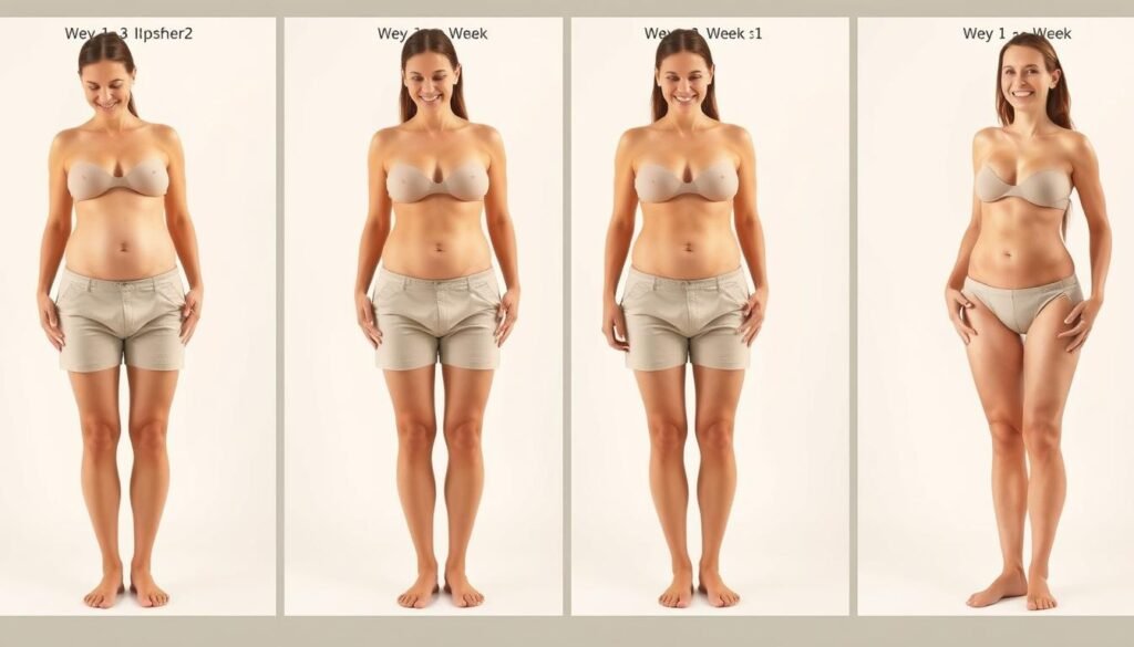 A series of four panels depicting the week-by-week effects of a Triphala supplement on a person's digestion, bloat, and energy levels. The panels are arranged in a grid, with each panel showing a different stage of the 14-day experiment. The first panel shows a person's baseline digestive system, with a slightly distended abdomen and a neutral facial expression. The second panel shows the person's digestive system and energy levels starting to improve, with a more relaxed posture and a slight smile. The third panel shows further improvements, with a flatter abdomen and a more energetic, upbeat expression. The final panel depicts the person's digestion, bloat, and energy levels at their optimal state, with a flat, toned abdomen and a radiant, vibrant expression. The panels are rendered in a clean, minimalist style, with soft, natural lighting and a warm, earthy color palette to convey a sense of wellness and transformation. The background is a subtle, unobtrusive gradient, allowing the focus to remain on the A series of four panels depicting the week-by-week effects of a Triphala supplement on a person's digestion, bloat, and energy levels. The panels are arranged in a grid, with each panel showing a different stage of the 14-day experiment. The first panel shows a person's baseline digestive system, with a slightly distended abdomen and a neutral facial expression. The second panel shows the person's digestive system and energy levels starting to improve, with a more relaxed posture and a slight smile. The third panel shows further improvements, with a flatter abdomen and a more energetic, upbeat expression. The final panel depicts the person's digestion, bloat, and energy levels at their optimal state, with a flat, toned abdomen and a radiant, vibrant expression. The panels are rendered in a clean, minimalist style, with soft, natural lighting and a warm, earthy color palette to convey a sense of wellness and transformation. The background is a subtle, unobtrusive gradient, allowing the focus to remain on the