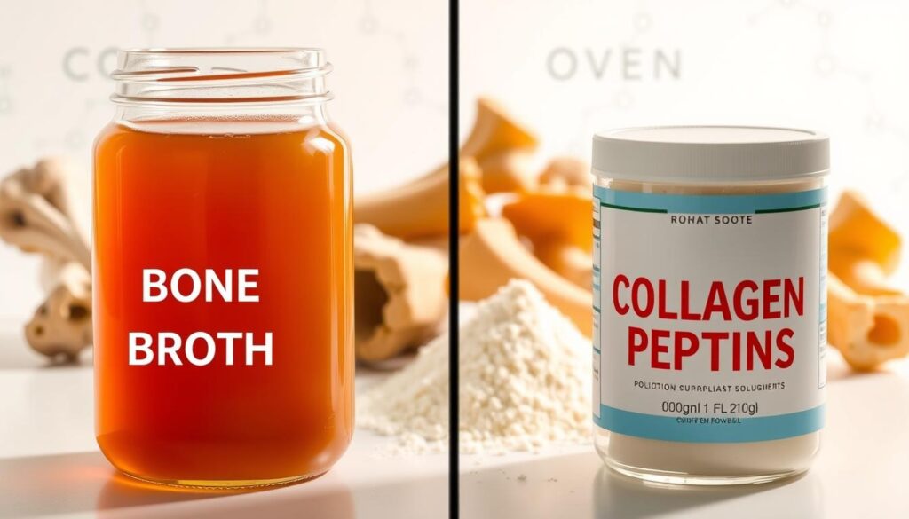 A side-by-side visual comparison of bone broth and collagen peptides, set against a clean, bright background. In the foreground, two glass jars containing the respective liquids, with their distinct colors and textures clearly visible. In the middle ground, a collection of relevant ingredients - bones, cartilage, and gelatin for the bone broth, and a collagen powder supplement. The background subtly implies the scientific nature of the subject, with faint molecular diagrams or a minimalist laboratory setup. Warm, natural lighting casts a soft glow, emphasizing the purity and quality of the products. The overall composition and styling create a clear, informative contrast between the two bone and collagen-based supplements. A side-by-side visual comparison of bone broth and collagen peptides, set against a clean, bright background. In the foreground, two glass jars containing the respective liquids, with their distinct colors and textures clearly visible. In the middle ground, a collection of relevant ingredients - bones, cartilage, and gelatin for the bone broth, and a collagen powder supplement. The background subtly implies the scientific nature of the subject, with faint molecular diagrams or a minimalist laboratory setup. Warm, natural lighting casts a soft glow, emphasizing the purity and quality of the products. The overall composition and styling create a clear, informative contrast between the two bone and collagen-based supplements.