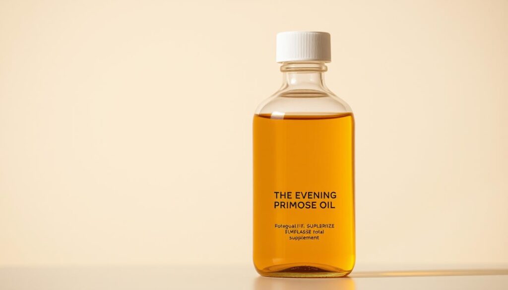 A sleek and modern close-up photograph of a high-quality evening primrose oil supplement. The oil is presented in a clear glass bottle with a minimalist label, showcasing the rich golden-yellow hue of the liquid. The bottle is positioned against a plain, soft-focus background with neutral tones, allowing the product to be the focal point. The lighting is warm and natural, casting gentle shadows that accentuate the bottle's curves and highlights the vibrancy of the oil. The overall composition and styling convey a sense of purity, quality, and efficacy, aligning with the section's focus on selecting a premium primrose oil supplement.