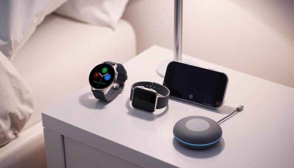 A sleek, minimalist bedside table with a selection of the best sleep tracking devices: a smartwatch with a sleep monitoring feature, a compact wearable tracker, and a non-invasive sleep sensor that fits under the mattress. Soft, ambient lighting bathes the scene, creating a calming, sleep-inducing atmosphere. The devices are arranged neatly, showcasing their modern, streamlined designs. The background is a soothing, neutral color palette, allowing the sleep trackers to take center stage. This carefully curated arrangement reflects the "Editors' Picks Backed by Testing and Expert Sources" theme, presenting the top sleep tracking solutions for improving sleep quality.