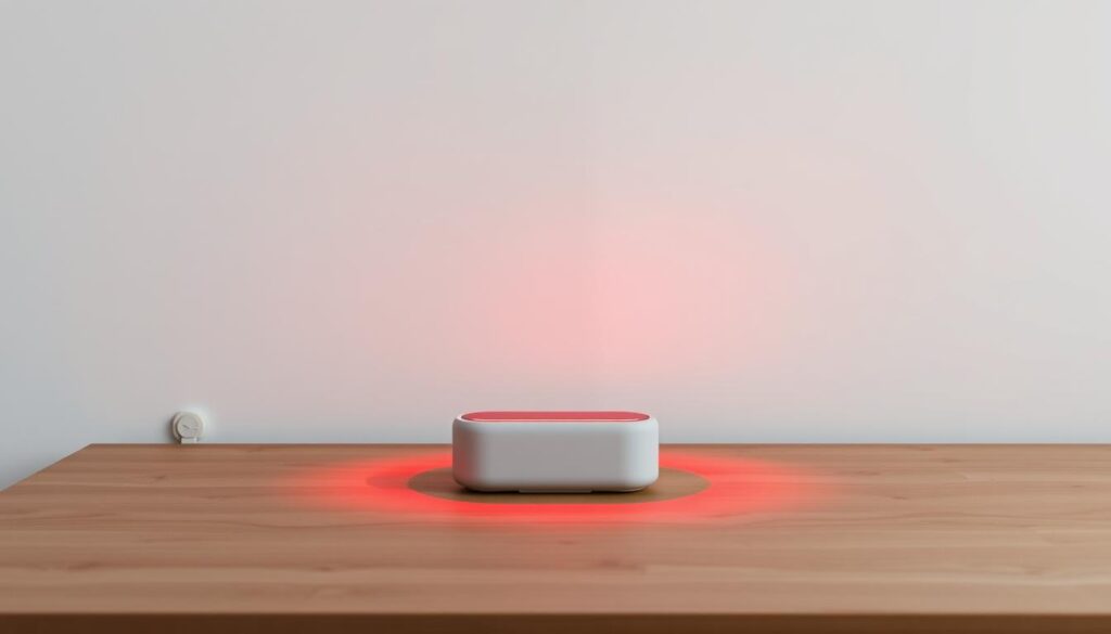 A sleek, modern red light device sitting on a minimalist wooden desk, casting a warm, soothing glow across the surface. The device has a minimalist, cylindrical design with a smooth, matte finish. Soft, diffused lighting emanates from the device, creating an ambient, calming atmosphere. The desk is set against a plain, white wall, allowing the red light to be the focal point. The scene is captured with a crisp, high-resolution lens, showcasing the refined details and elegant simplicity of the red light device.