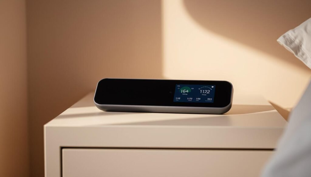 A sleek, modern sleep tracking device resting on a minimalist nightstand against a soft, muted background. The device features a clean, intuitive display showcasing sleep data and insights. Gentle lighting casts a warm, calming glow, creating an atmosphere of tranquility and relaxation. The composition emphasizes the device's central role in monitoring and improving sleep quality, capturing the essence of the "Sleep Tracking for Insomnia" section. The image conveys a sense of technological sophistication seamlessly integrated with a serene, natural ambiance.