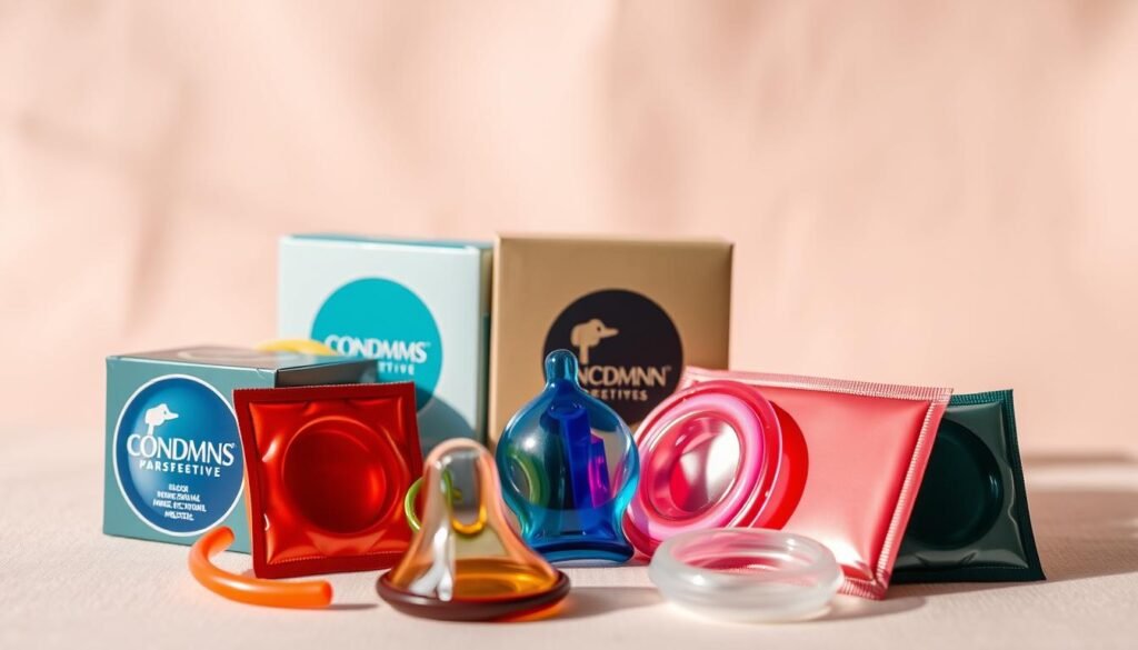 A still life arrangement featuring a selection of high-quality condoms in various colors and styles, set against a soft, neutral background. The condoms are arranged in an appealing, visually interesting manner, showcasing their form and highlighting their protective function. Lighting is natural and diffused, creating a warm, inviting atmosphere. The overall composition conveys a sense of responsible, modern contraception, emphasizing the condoms' dual role in preventing pregnancy and sexually transmitted infections. The image is captured with a close, focused lens to accentuate the details and textures of the condoms.
