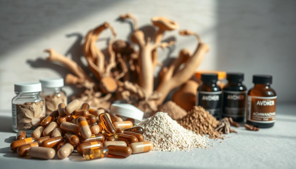 A still life arrangement showcasing various adaptogen forms. In the foreground, an array of capsules, tinctures, and powders in earthy tones are artfully displayed on a neutral backdrop. The middle ground features dried herbal ingredients such as ashwagandha roots, cordyceps mushrooms, and ginseng. The background is softly lit, with gentle shadows and highlights emphasizing the textures and natural hues of the adaptogens. The overall composition conveys a sense of balance, wellness, and the harmonious integration of these botanical supplements. Captured with a shallow depth of field using a medium-format camera lens to create a refined, professional aesthetic. A still life arrangement showcasing various adaptogen forms. In the foreground, an array of capsules, tinctures, and powders in earthy tones are artfully displayed on a neutral backdrop. The middle ground features dried herbal ingredients such as ashwagandha roots, cordyceps mushrooms, and ginseng. The background is softly lit, with gentle shadows and highlights emphasizing the textures and natural hues of the adaptogens. The overall composition conveys a sense of balance, wellness, and the harmonious integration of these botanical supplements. Captured with a shallow depth of field using a medium-format camera lens to create a refined, professional aesthetic.