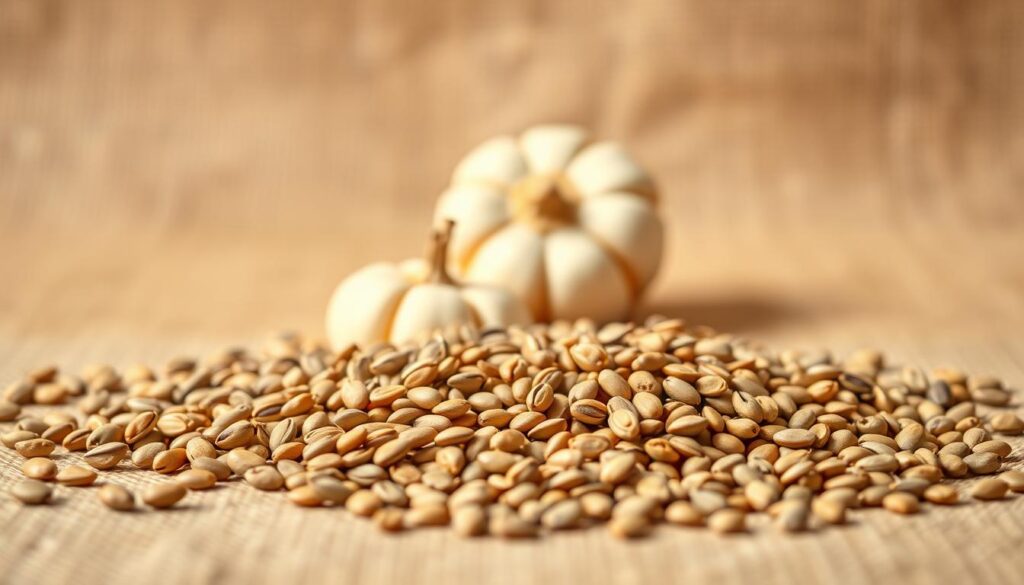 A still-life composition of various seeds against a soft, natural background. In the foreground, an assortment of small, oval-shaped seeds in earthy tones - fenugreek, flax, and sunflower - arranged in a visually pleasing manner. In the middle ground, a few larger seeds, such as pumpkin and chia, provide textural contrast. The background is a warm, muted color palette, perhaps a linen or burlap fabric, creating a soothing, calming atmosphere. Soft, natural lighting illuminates the scene, accentuating the organic shapes and muted hues of the seeds. The overall tone is one of simplicity, tranquility, and the gentle transition of life stages. A still-life composition of various seeds against a soft, natural background. In the foreground, an assortment of small, oval-shaped seeds in earthy tones - fenugreek, flax, and sunflower - arranged in a visually pleasing manner. In the middle ground, a few larger seeds, such as pumpkin and chia, provide textural contrast. The background is a warm, muted color palette, perhaps a linen or burlap fabric, creating a soothing, calming atmosphere. Soft, natural lighting illuminates the scene, accentuating the organic shapes and muted hues of the seeds. The overall tone is one of simplicity, tranquility, and the gentle transition of life stages.