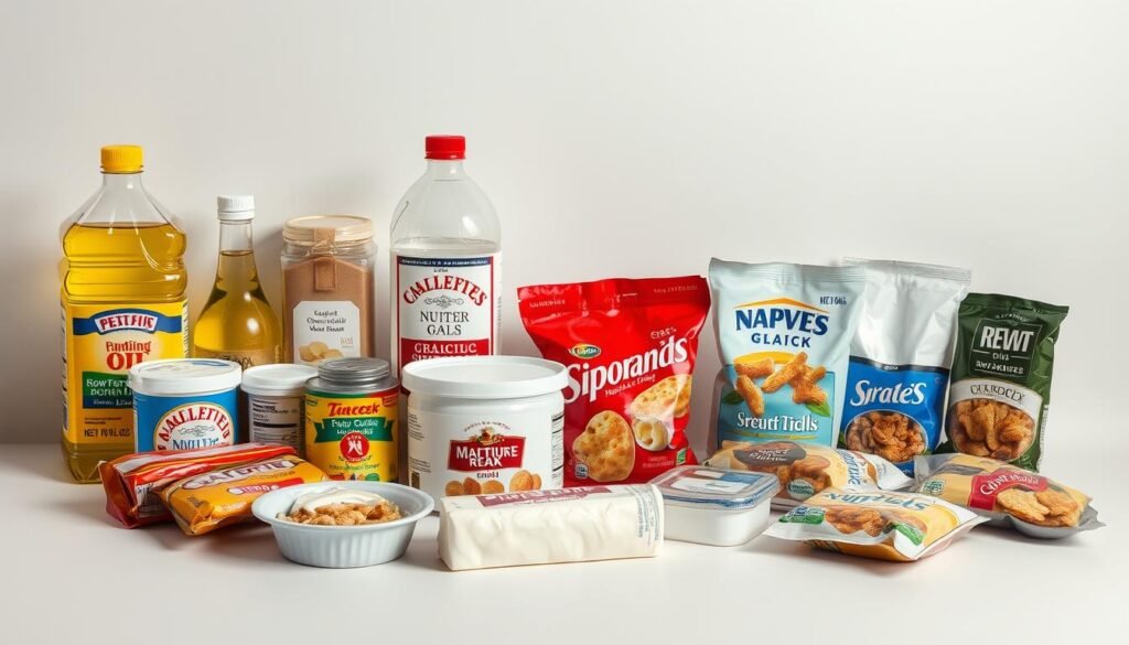 A still life image of assorted trans-fat-prone products, including hydrogenated vegetable oils, margarine, shortening, and pre-packaged snacks. The items are arranged on a plain, neutral-colored surface, capturing the essence of the "Trans-fat-prone products and tropical oils to rethink" section. Soft, even lighting from above illuminates the scene, casting subtle shadows to enhance the details. The camera angle is slightly elevated, providing a clear view of the various products. The overall mood is one of clinical objectivity, inviting the viewer to thoughtfully consider the contents of these commonly used food items. A still life image of assorted trans-fat-prone products, including hydrogenated vegetable oils, margarine, shortening, and pre-packaged snacks. The items are arranged on a plain, neutral-colored surface, capturing the essence of the "Trans-fat-prone products and tropical oils to rethink" section. Soft, even lighting from above illuminates the scene, casting subtle shadows to enhance the details. The camera angle is slightly elevated, providing a clear view of the various products. The overall mood is one of clinical objectivity, inviting the viewer to thoughtfully consider the contents of these commonly used food items.