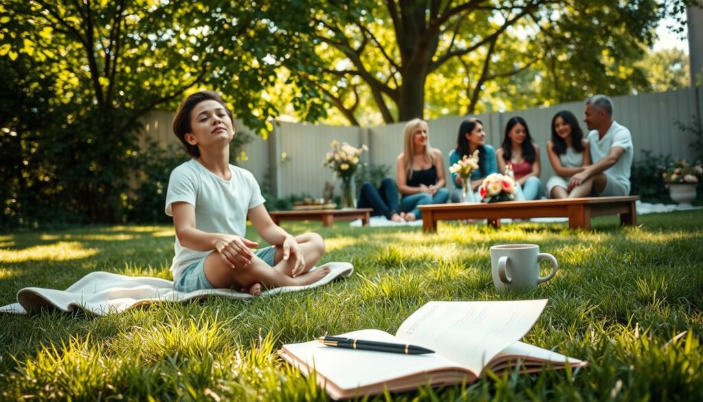A sun-dappled backyard scene, the gentle breeze rustling through lush foliage. In the foreground, a person sits cross-legged on a soft blanket, hands resting palms up on their knees, eyes closed in quiet contemplation. Nearby, an open journal and a pen lie on the grass, capturing the essence of a gratitude practice. The middle ground features a wooden table adorned with fresh flowers and a steaming mug, evoking a sense of mindful connection. In the background, a group of friends gathers, their faces alight with warmth and shared appreciation. Soft, natural lighting filters through the scene, creating a serene, reflective atmosphere.