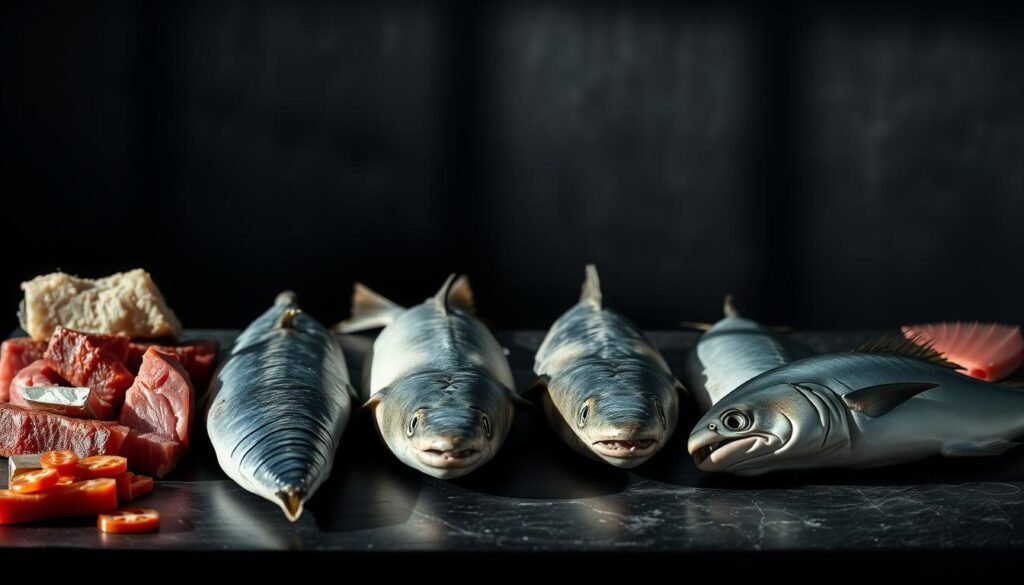 A table of high-mercury seafood items such as tuna, swordfish, shark, and king mackerel arranged against a somber backdrop. Dramatic lighting casts dramatic shadows, emphasizing the toxic nature of these choices. The seafood is presented in a clinical, almost menacing way, conveying the health risks associated with excessive mercury consumption. The overall mood is one of caution and concern, warning the viewer to exercise restraint when it comes to these high-mercury options. A shallow depth of field focuses attention on the seafood, while the background remains softly blurred, keeping the emphasis on the potentially harmful items. A table of high-mercury seafood items such as tuna, swordfish, shark, and king mackerel arranged against a somber backdrop. Dramatic lighting casts dramatic shadows, emphasizing the toxic nature of these choices. The seafood is presented in a clinical, almost menacing way, conveying the health risks associated with excessive mercury consumption. The overall mood is one of caution and concern, warning the viewer to exercise restraint when it comes to these high-mercury options. A shallow depth of field focuses attention on the seafood, while the background remains softly blurred, keeping the emphasis on the potentially harmful items.