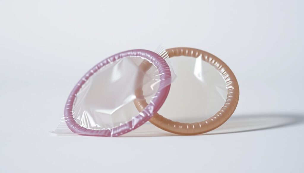 A tasteful, high-quality image depicting a closeup view of two condoms in a neutral, natural setting. The condoms should be prominently displayed, capturing the texture and form with careful lighting and composition. The image should convey a sense of safety, responsibility and practicality, without being overly clinical or sterile. Soft, diffused lighting from the side creates gentle shadows and highlights the contours. The background should be simple and uncluttered, allowing the condoms to be the focal point. The overall mood should be calm, informative and matter-of-fact, reflecting the educational nature of the article section.