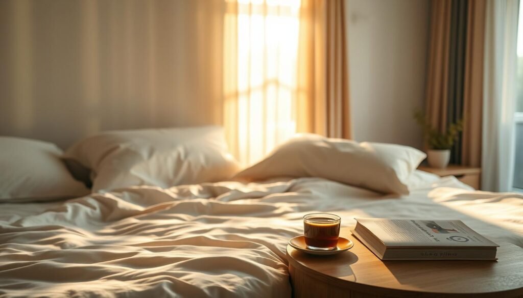 A tranquil bedroom bathed in warm, gentle lighting. A plush, cloud-like bed draped in soft, high-quality linens. Sunlight filters through sheer curtains, casting a serene, diffused glow. On the bedside table, a peaceful display of calming elements - a small, flickering candle, a cup of herbal tea, and a book on mindfulness. The overall atmosphere exudes a sense of deep relaxation and restorative sleep, embodying the concept of whole-body wellness. A 50mm lens captures this harmonious scene, allowing the viewer to fully immerse in the restful, rejuvenating experience.