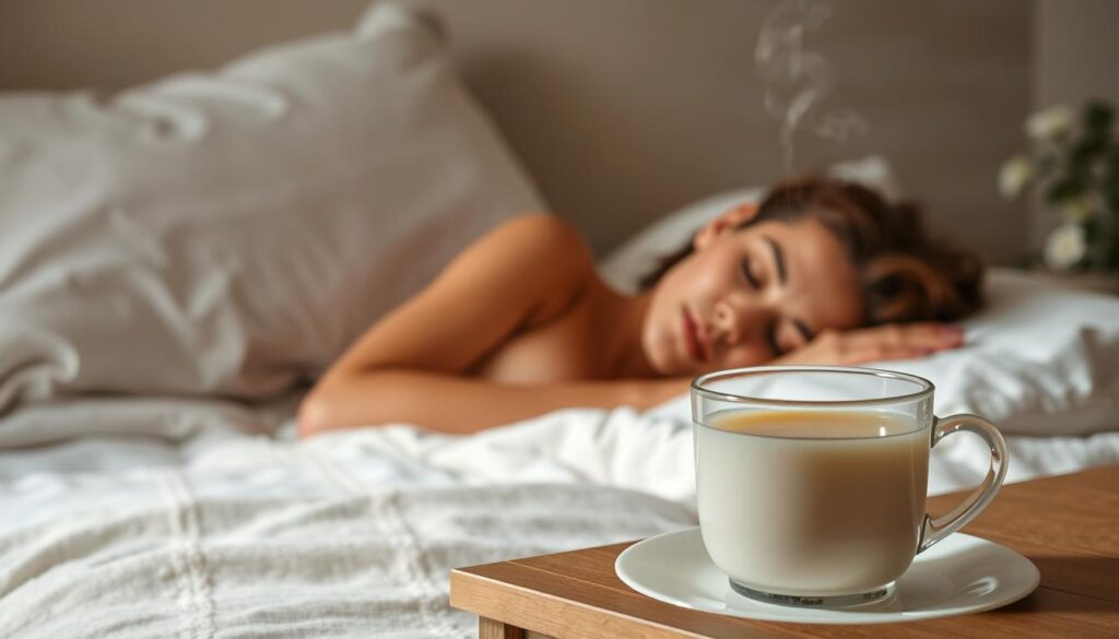 A tranquil bedroom scene, soft lighting illuminating a plush bed with fluffy pillows and cozy bedding. In the foreground, a mug of steaming herbal tea sits on a nightstand, emitting a soothing aroma. The middle ground features a peaceful, sleeping figure, their face relaxed and serene. In the background, subtle plant life and a calming, neutral-toned wall provide a sense of natural serenity. The overall atmosphere evokes a deep, restorative sleep, reflecting the key benefits and effects of valerian and chamomile teas.