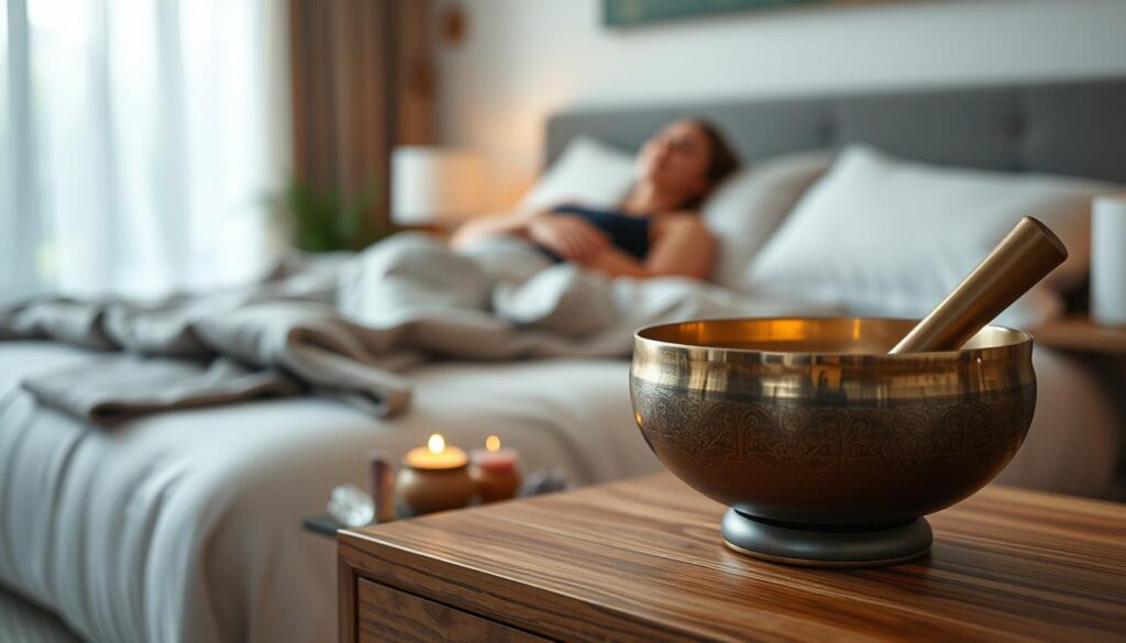 A tranquil bedroom with a calming, therapeutic atmosphere. In the foreground, an ornate yet minimalist sound bowl sits on a wooden nightstand, its metal surface gleaming under soft, diffused lighting. Surrounding it, various crystals, incense sticks, and a small Tibetan singing bowl create a soothing, meditative vignette. In the middle ground, a person reclines on a plush, linen-covered bed, eyes closed, as they bathe in the resonant vibrations of the sound therapy. The background blurs into a serene, nature-inspired scene with hints of greenery and natural textures, evoking a sense of harmony and deep relaxation.