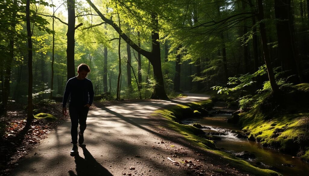 A tranquil forest path, dappled sunlight filtering through verdant canopy. A person walking mindfully, eyes downcast, steps slow and deliberate. Their form casts a long shadow, a visual metaphor for their inward focus. The atmosphere is serene, the air heavy with the earthy scent of moss and loam. In the distance, a small stream babbles gently, its soothing sounds providing a natural soundtrack to this contemplative scene. The overall mood is one of introspection, of finding solace and clarity in the simple act of walking with presence and purpose.