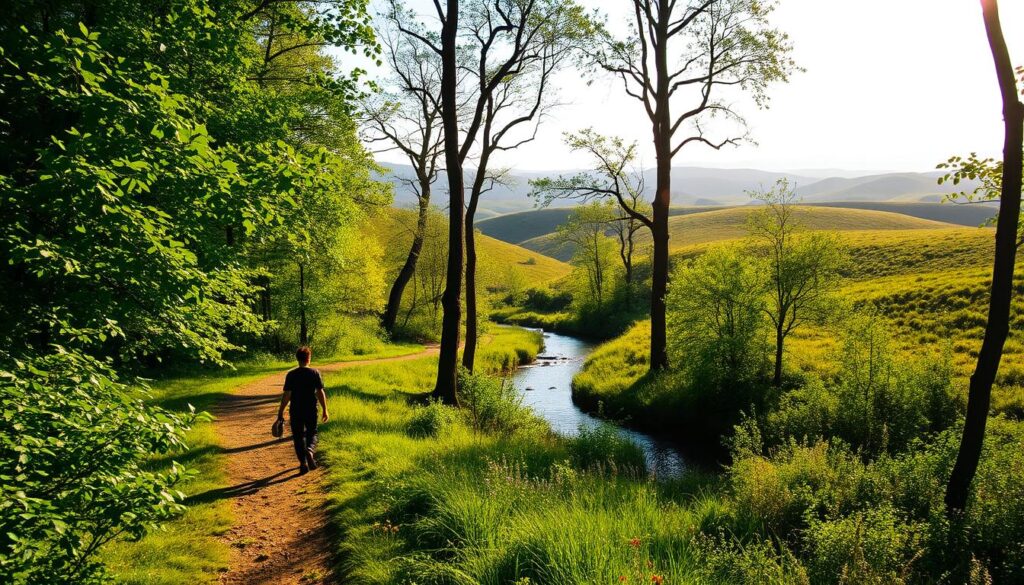 A tranquil forest path winds through a serene landscape, dappled sunlight filtering through the lush, verdant canopy. In the foreground, a person walks mindfully, pausing to admire the vibrant foliage and take a deep, grateful breath. The middle ground features a meandering stream, its gentle waters reflecting the surrounding natural beauty. In the background, rolling hills dotted with wildflowers stretch towards the horizon, creating a sense of expansive peace and calm. The entire scene is bathed in a warm, golden glow, conveying a mood of profound gratitude and contemplation. A tranquil forest path winds through a serene landscape, dappled sunlight filtering through the lush, verdant canopy. In the foreground, a person walks mindfully, pausing to admire the vibrant foliage and take a deep, grateful breath. The middle ground features a meandering stream, its gentle waters reflecting the surrounding natural beauty. In the background, rolling hills dotted with wildflowers stretch towards the horizon, creating a sense of expansive peace and calm. The entire scene is bathed in a warm, golden glow, conveying a mood of profound gratitude and contemplation.