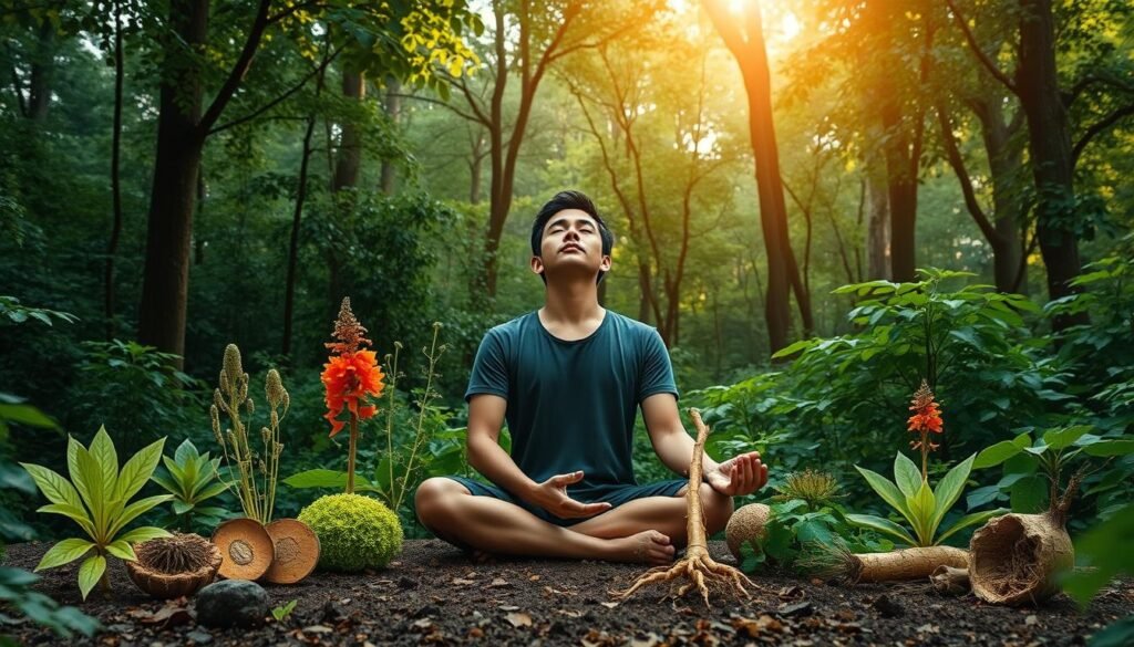 A tranquil forest scene, lush with verdant foliage, serves as the backdrop for a serene depiction of "adaptogens stress response". In the foreground, a person sits cross-legged, eyes closed, their expression one of deep calm and inner peace. Surrounding them, various adaptogenic herbs and plants, such as ashwagandha, rhodiola, and ginseng, seem to emanate a subtle, soothing glow. Warm, diffused sunlight filters through the canopy, casting a gentle, therapeutic ambiance. The composition conveys a sense of balance, resilience, and the body's innate ability to adapt to the demands of modern life through the harmonizing power of adaptogens. A tranquil forest scene, lush with verdant foliage, serves as the backdrop for a serene depiction of "adaptogens stress response". In the foreground, a person sits cross-legged, eyes closed, their expression one of deep calm and inner peace. Surrounding them, various adaptogenic herbs and plants, such as ashwagandha, rhodiola, and ginseng, seem to emanate a subtle, soothing glow. Warm, diffused sunlight filters through the canopy, casting a gentle, therapeutic ambiance. The composition conveys a sense of balance, resilience, and the body's innate ability to adapt to the demands of modern life through the harmonizing power of adaptogens.