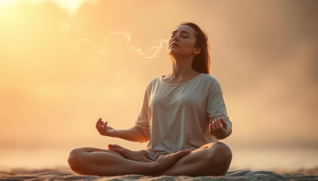 A tranquil, meditative scene of a person deeply engaged in breathwork. They sit cross-legged, eyes closed, hands resting gently on their lap. Soft, ambient light bathes the frame, creating a serene atmosphere. Delicate wisps of ethereal breath flow from their nose and mouth, symbolizing the ebb and flow of the nervous system. The background is a minimalist, calming landscape - perhaps a mist-shrouded forest or a serene beach. The overall mood is one of deep relaxation, focus, and the harmony of mind and body. Crisp, high-resolution photography with a shallow depth of field, using a 50mm lens.
