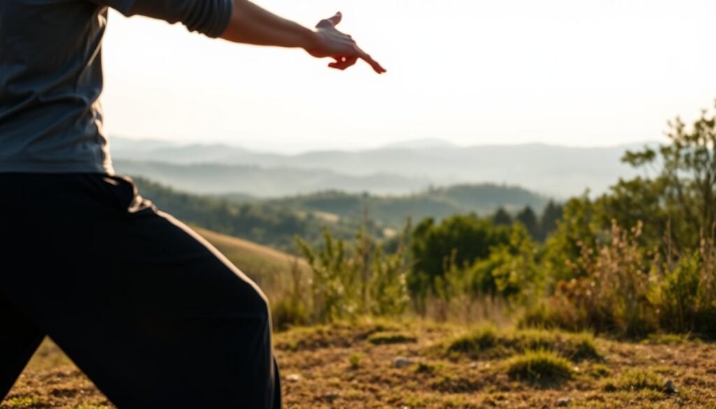 A tranquil outdoor scene, a practitioner engages in the graceful movements of Qigong. In the foreground, their body flows with a steady rhythm, energy pulsing through each gentle gesture. The middle ground reveals a serene natural landscape, with rolling hills and lush greenery bathed in warm, diffused sunlight. In the distance, a horizon line blends soft blues and grays, creating a calming, meditative atmosphere. The composition is shot from a low angle, emphasizing the practitioner's connection to the earth and the intentional, mindful nature of their practice. The overall mood is one of inner peace, focus, and a harmonious integration of mind, body, and spirit.