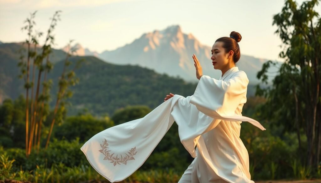 A tranquil outdoor scene with a person practicing Qigong, the ancient Chinese exercise system. In the foreground, a person in a flowing white robe performs fluid, graceful movements, their face serene and focused. The middle ground features a lush, verdant landscape, with towering bamboo stalks swaying in a gentle breeze. In the background, a majestic mountain range rises up, its peaks bathed in warm, golden sunlight. The lighting is soft and diffused, creating a sense of peace and harmony. The overall atmosphere conveys a deep, meditative energy, reflecting the transformative benefits of this ancient practice.