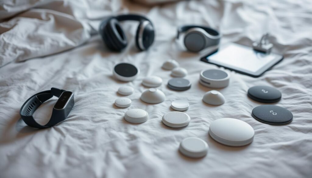 A tranquil scene of sleep tracking devices arrayed on a soft, bedsheet-covered surface. In the foreground, a sleek fitness tracker and smartwatch rest side-by-side, their screens dimly lit. In the middle ground, an array of wireless sensors and sleep-monitoring pads are scattered, their shapes and textures conveying the technological nature of modern sleep analysis. In the background, a pair of noise-cancelling headphones and a meditation app-enabled tablet hint at the holistic approach to improving sleep quality. Soft, diffused lighting bathes the scene, creating a serene, almost meditative atmosphere that underscores the importance of understanding one's sleep patterns.
