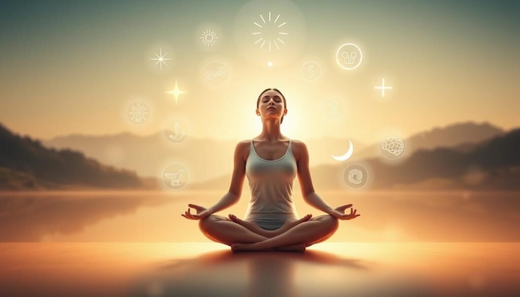 A tranquil scene with a serene, glowing landscape in the background. In the foreground, a serene figure sitting in a meditative pose, their eyes closed, exuding a sense of inner peace and calm. Floating around them, ethereal symbols and glowing shapes representing the various benefits of the Emotional Freedom Technique (EFT), such as stress relief, emotional well-being, and improved mental clarity. The entire image is bathed in a warm, soft light, creating a contemplative and uplifting atmosphere. A tranquil scene with a serene, glowing landscape in the background. In the foreground, a serene figure sitting in a meditative pose, their eyes closed, exuding a sense of inner peace and calm. Floating around them, ethereal symbols and glowing shapes representing the various benefits of the Emotional Freedom Technique (EFT), such as stress relief, emotional well-being, and improved mental clarity. The entire image is bathed in a warm, soft light, creating a contemplative and uplifting atmosphere.