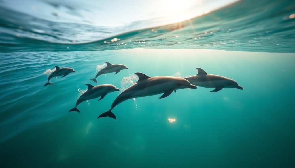 A tranquil seascape with a pod of graceful dolphins swimming in crystal-clear waters, their movements precise and effortless. The sunlight dances across the waves, casting a warm glow and creating a mesmerizing window-like effect through the water. The dolphins' sleek, streamlined bodies glide through the currents, showcasing their innate agility and adaptability. In the background, a serene horizon line blends the sky and sea, conveying a sense of harmony and balance. Captured with a wide-angle lens and natural lighting, this image embodies the essence of the "Dolphin" chronotype - flexible, adaptable, and in sync with the ebb and flow of their environment.