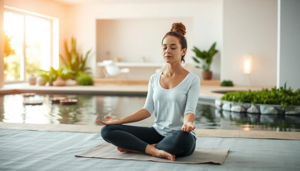 A tranquil setting with a person practicing mindful meditation, surrounded by elements symbolizing cortisol management. In the foreground, the person sits cross-legged, their expression serene, eyes closed, hands in a mudra. The middle ground features calming elements like a rippling pond, lush greenery, and a soft, diffused lighting. In the background, a minimalist home or studio space, its clean lines and neutral tones evoking a sense of balance and control. The overall atmosphere is one of relaxation, focus, and intentionality, reflecting the theme of managing cortisol levels through appropriate recovery strategies.