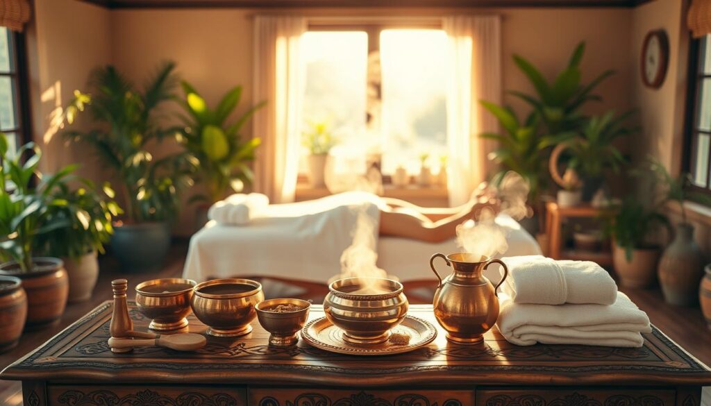 A tranquil, sun-drenched room bathed in warm, diffused light. In the foreground, an ornate wooden table holds an array of Ayurvedic healing tools - copper bowls, fragrant oils, and a set of elegant brushes. Atop the table, a stack of plush white towels and a copper jug filled with steaming herbal infusion. In the middle ground, a serene figure reclines on a massage table, undergoing the ancient practice of Panchakarma - a comprehensive Ayurvedic detoxification and rejuvenation ritual. Surrounding the scene, a lush, verdant backdrop of potted plants and natural textures, exuding a sense of harmony and balance. The overall atmosphere is one of tranquility, introspection, and the restoration of inner equilibrium.