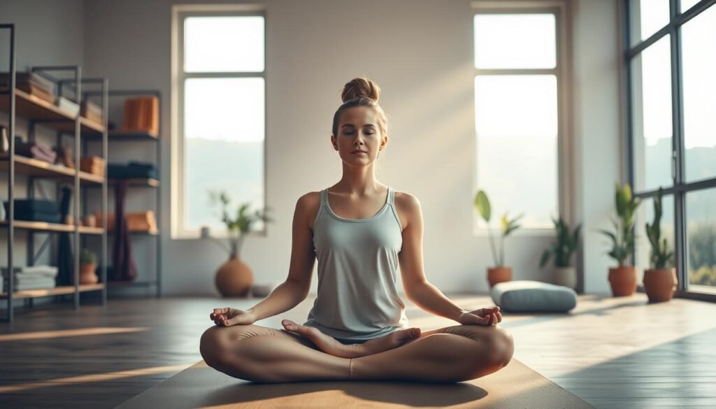 A tranquil yoga studio, with soft lighting and calming colors. In the foreground, a yoga practitioner sits cross-legged, their expression serene and grounded. Gentle rays of sunlight stream through large windows, casting a warm glow over the scene. Shelves line the walls, holding a selection of yoga props - blocks, straps, and bolsters - signaling a focus on safety and accessibility. The middle ground features a soothing color palette, with neutral tones and natural elements like potted plants, creating a nurturing and inviting atmosphere. The background fades into a hazy, blurred landscape, allowing the viewer to focus on the central figure and the studio's calming ambiance. Overall, the image conveys a sense of safety, mindfulness, and trauma-informed principles guiding the yoga practice.