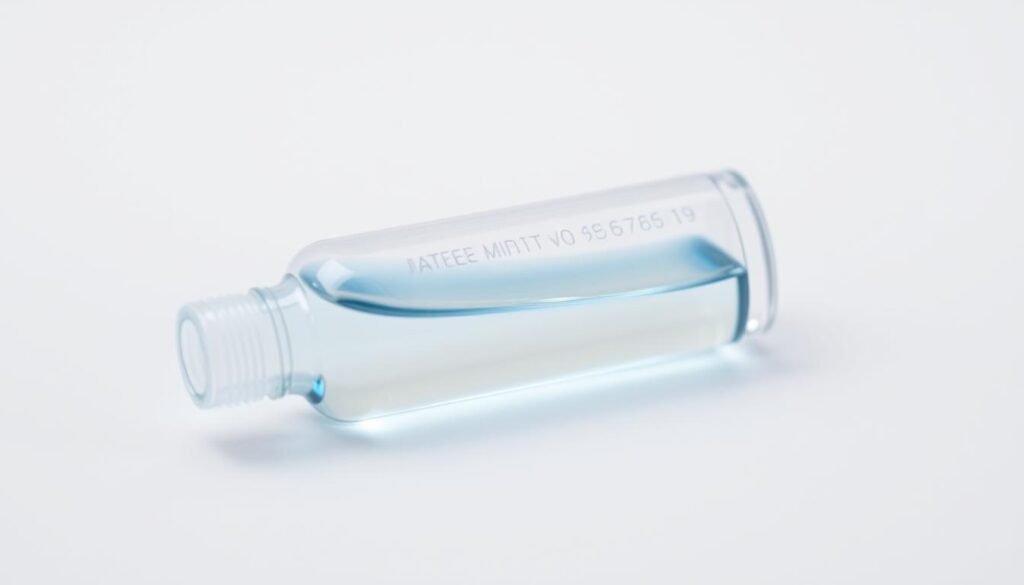 A transparent glass vial filled with a clear, viscous liquid, resting on a white background. The liquid has a slight blue hue, subtly illuminated from below, casting a soft glow. The vial is positioned at a slight angle, highlighting its curved shape and the liquid's viscosity. The lighting is soft and diffused, creating a clean, clinical atmosphere. The focus is sharp, drawing the viewer's attention to the delicate details of the vial and its contents, conveying a sense of medical precision and care.
