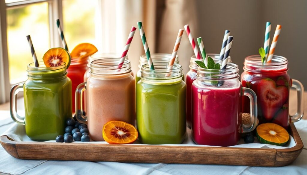 A tray of colorful, nutrient-dense smoothies in various glass jars, each with a straw and garnished with fresh fruit slices. The smoothies have a thick, creamy texture and vibrant hues ranging from deep greens to vibrant reds and purples. The jars are positioned on a rustic wooden table, with a simple white linen cloth creating a soft, natural backdrop. Sunlight filters in through a nearby window, casting a warm, golden glow on the scene. The overall atmosphere is one of health, wellness, and the deceptive allure of these seemingly "healthy" blended drinks. A tray of colorful, nutrient-dense smoothies in various glass jars, each with a straw and garnished with fresh fruit slices. The smoothies have a thick, creamy texture and vibrant hues ranging from deep greens to vibrant reds and purples. The jars are positioned on a rustic wooden table, with a simple white linen cloth creating a soft, natural backdrop. Sunlight filters in through a nearby window, casting a warm, golden glow on the scene. The overall atmosphere is one of health, wellness, and the deceptive allure of these seemingly "healthy" blended drinks.