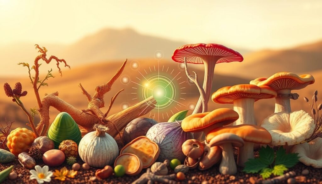 A vibrant and detailed illustration depicting an array of adaptogens, showcased against a warm, earthy backdrop. The foreground features an assortment of botanicals, including ashwagandha, ginseng, rhodiola, and reishi mushrooms, each with its distinctive shape, texture, and color. The middle ground showcases the adaptogenic properties of these natural elements, hinting at their potential health benefits through subtle, ethereal energy signatures. The background is a softly blurred landscape, evoking a sense of tranquility and harmony. The lighting is warm and diffused, creating a soothing, natural atmosphere. The composition is balanced and visually compelling, drawing the viewer's attention to the central elements while providing a holistic, informative depiction of the topic. A vibrant and detailed illustration depicting an array of adaptogens, showcased against a warm, earthy backdrop. The foreground features an assortment of botanicals, including ashwagandha, ginseng, rhodiola, and reishi mushrooms, each with its distinctive shape, texture, and color. The middle ground showcases the adaptogenic properties of these natural elements, hinting at their potential health benefits through subtle, ethereal energy signatures. The background is a softly blurred landscape, evoking a sense of tranquility and harmony. The lighting is warm and diffused, creating a soothing, natural atmosphere. The composition is balanced and visually compelling, drawing the viewer's attention to the central elements while providing a holistic, informative depiction of the topic.