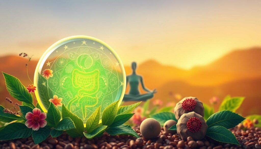 A vibrant and detailed illustration showcasing the effects of triphala on digestion. In the foreground, a transparent, glowing orb represents the digestive system, with intricate patterns and symbols pulsing within it. Surrounding the orb are lush, verdant leaves and delicate floral elements, symbolizing the natural and holistic nature of triphala. In the middle ground, a serene and contemplative figure sits in a cross-legged pose, personifying the calming and restorative effects of triphala on the body and mind. The background features a softly blurred, warm-toned landscape, creating a sense of balance and harmony. The overall composition is illuminated by a soft, diffused lighting, evoking a sense of tranquility and well-being. A vibrant and detailed illustration showcasing the effects of triphala on digestion. In the foreground, a transparent, glowing orb represents the digestive system, with intricate patterns and symbols pulsing within it. Surrounding the orb are lush, verdant leaves and delicate floral elements, symbolizing the natural and holistic nature of triphala. In the middle ground, a serene and contemplative figure sits in a cross-legged pose, personifying the calming and restorative effects of triphala on the body and mind. The background features a softly blurred, warm-toned landscape, creating a sense of balance and harmony. The overall composition is illuminated by a soft, diffused lighting, evoking a sense of tranquility and well-being.