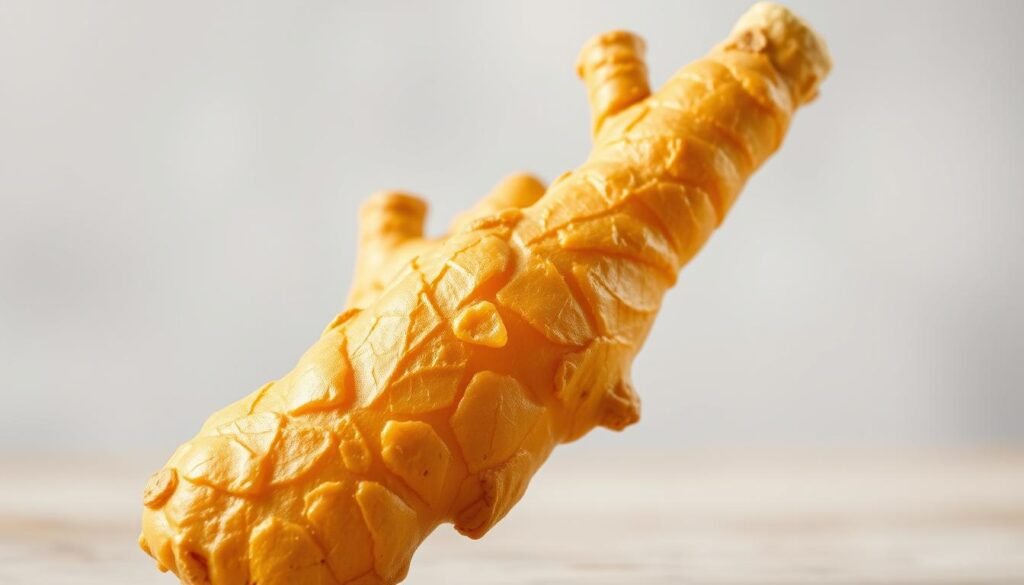 A vibrant and dynamic close-up photograph of fresh ginger rhizome against a soft, blurred background. The ginger appears textured and translucent, with a warm, golden-orange hue that glows under natural lighting. The image captures the root's intricate patterns and organic shapes, conveying a sense of the ginger's potent, fast-acting properties. The foreground is in sharp focus, while the backdrop is a harmonious blend of muted, complementary colors, creating a sense of depth and emphasis on the central subject. The overall mood is one of clarity, vitality, and the immediacy of ginger's therapeutic effects.