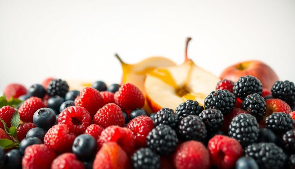 A vibrant arrangement of fresh, whole fruits set against a clean, minimalist backdrop. In the foreground, an assortment of ripe, juicy berries - plump raspberries, blueberries, and blackberries. In the middle ground, slices of crisp, golden apples and pears, drizzled with a hint of honey. The background features a soft, diffused light, illuminating the natural textures and colors of the produce. The overall mood is one of health, simplicity, and a celebration of nature's bounty. The image conveys the message of choosing whole, unprocessed fruits over heavy syrups or concentrates, in line with a holistic, nutritious approach to eating. A vibrant arrangement of fresh, whole fruits set against a clean, minimalist backdrop. In the foreground, an assortment of ripe, juicy berries - plump raspberries, blueberries, and blackberries. In the middle ground, slices of crisp, golden apples and pears, drizzled with a hint of honey. The background features a soft, diffused light, illuminating the natural textures and colors of the produce. The overall mood is one of health, simplicity, and a celebration of nature's bounty. The image conveys the message of choosing whole, unprocessed fruits over heavy syrups or concentrates, in line with a holistic, nutritious approach to eating.