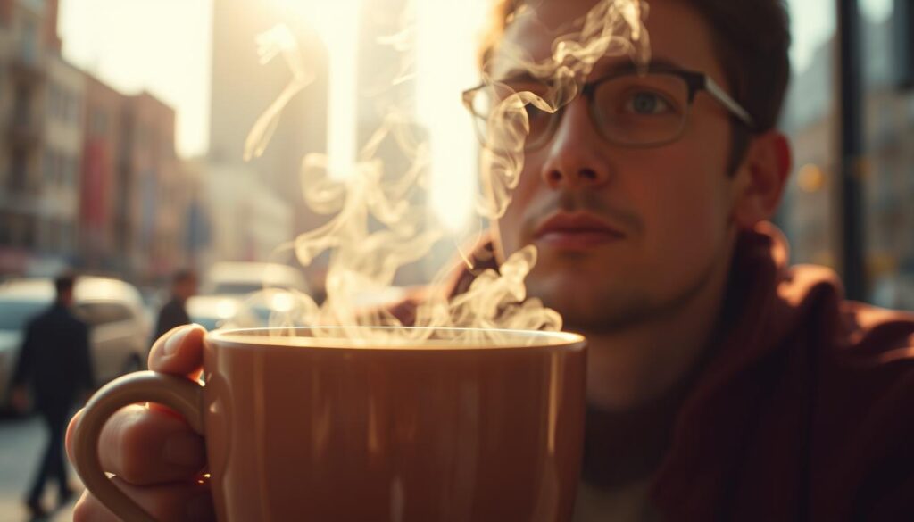 A vibrant, cinematic scene depicting the caffeine experience. In the foreground, a steaming mug of coffee or matcha tea, the steam curling upwards, filled with an intense, electrifying essence. The middle ground features a person taking a sip, their expression shifting from fatigue to alertness, their eyes widening with the rush of energy. The background is a blurred urban landscape, hinting at the fast-paced, productive environment powered by the caffeine boost. The lighting is warm and natural, capturing the cozy, rejuvenating atmosphere. The overall mood is one of awakening, focus, and the transformative power of these beloved beverages. A vibrant, cinematic scene depicting the caffeine experience. In the foreground, a steaming mug of coffee or matcha tea, the steam curling upwards, filled with an intense, electrifying essence. The middle ground features a person taking a sip, their expression shifting from fatigue to alertness, their eyes widening with the rush of energy. The background is a blurred urban landscape, hinting at the fast-paced, productive environment powered by the caffeine boost. The lighting is warm and natural, capturing the cozy, rejuvenating atmosphere. The overall mood is one of awakening, focus, and the transformative power of these beloved beverages.