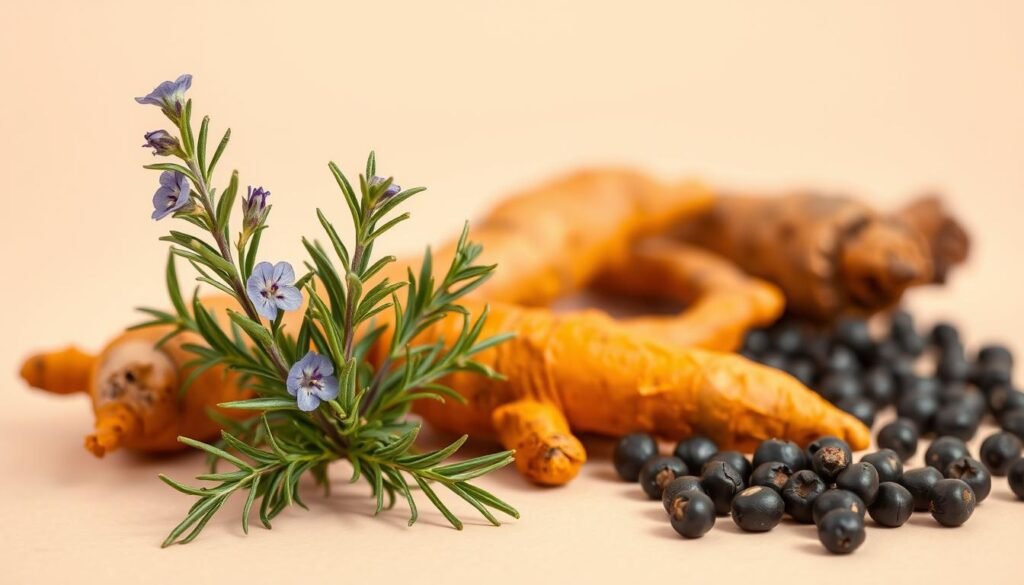 A vibrant, close-up photograph of a selection of anti-inflammatory ingredients against a clean, minimalist background. In the foreground, a sprig of fresh rosemary, its lush green leaves and delicate purple flowers. Beside it, a handful of raw, organic turmeric roots, their deep orange hues contrasting beautifully. In the middle ground, a scattering of whole black peppercorns, their glossy surfaces catching the soft, natural lighting. The background is a simple, neutral color that allows the ingredients to pop, conveying a sense of purity and wellness. The overall composition is crisp, balanced, and visually appealing, evoking a feeling of nourishment and calm. A vibrant, close-up photograph of a selection of anti-inflammatory ingredients against a clean, minimalist background. In the foreground, a sprig of fresh rosemary, its lush green leaves and delicate purple flowers. Beside it, a handful of raw, organic turmeric roots, their deep orange hues contrasting beautifully. In the middle ground, a scattering of whole black peppercorns, their glossy surfaces catching the soft, natural lighting. The background is a simple, neutral color that allows the ingredients to pop, conveying a sense of purity and wellness. The overall composition is crisp, balanced, and visually appealing, evoking a feeling of nourishment and calm.
