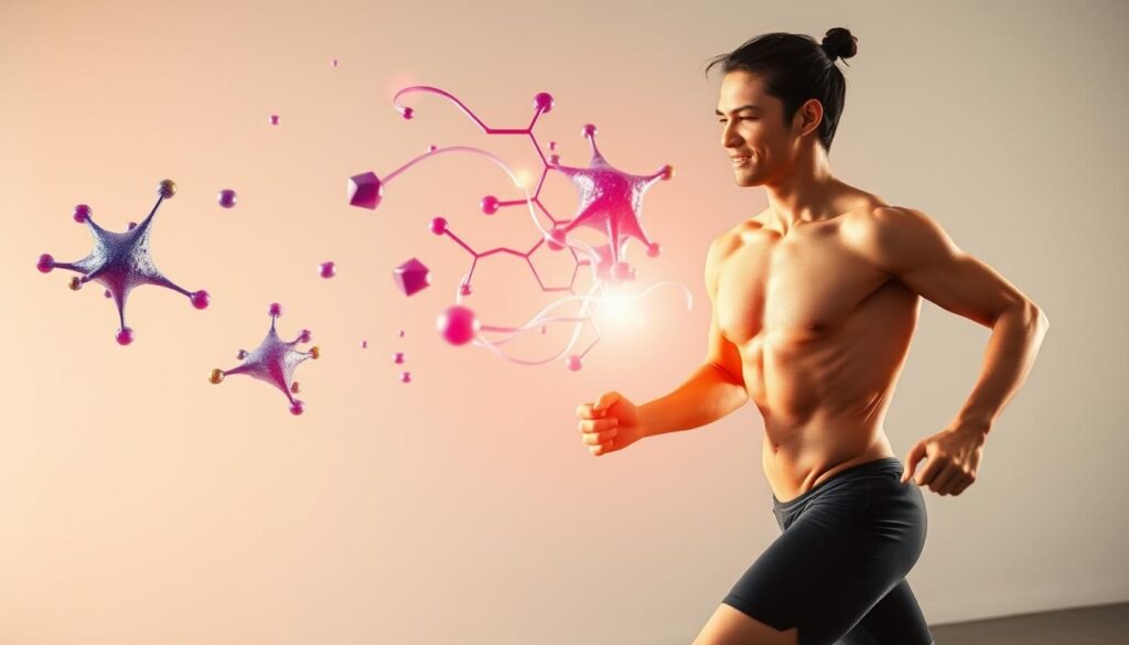 A vibrant, dynamic scene showcasing the interplay between exercise and hormones. In the foreground, an athletic individual in motion, their body radiating energy and determination. Soft, warm lighting illuminates their form, highlighting the muscular movements and the glow of healthy skin. In the middle ground, abstract representations of hormones - intricate molecular structures and flowing, colorful shapes - dance and swirl around the exercising figure, illustrating the profound connection between physical activity and the body's chemical messengers. The background features a clean, minimalist setting, allowing the core elements to take center stage and convey the essential relationship between exercise and the complex hormonal system.