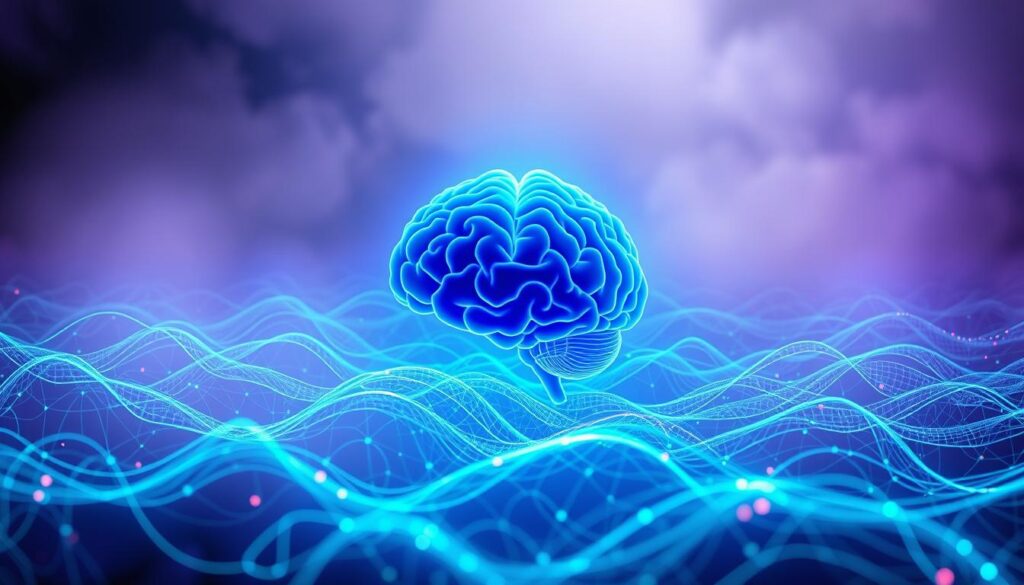 A vibrant, dynamic visualization of brain wave frequencies, illuminated by a soft, ethereal glow. In the foreground, intricate patterns of undulating neural pathways pulsate with vivid hues, ranging from deep indigo to radiant turquoise, reflecting the diverse rhythms of the brain. In the middle ground, a central focal point emerges, a stylized representation of the brain, its contours defined by mesmerizing waves of energy that ebb and flow, symbolizing the profound influence of sound frequencies on our neural activity. The background is shrouded in a hazy, atmospheric mist, creating a sense of depth and mystery, evoking the deeper, unseen realms of the mind. The overall composition is balanced, with a harmonious interplay of light, color, and form, conveying the profound connection between sound, brain waves, and the sleep cycle.