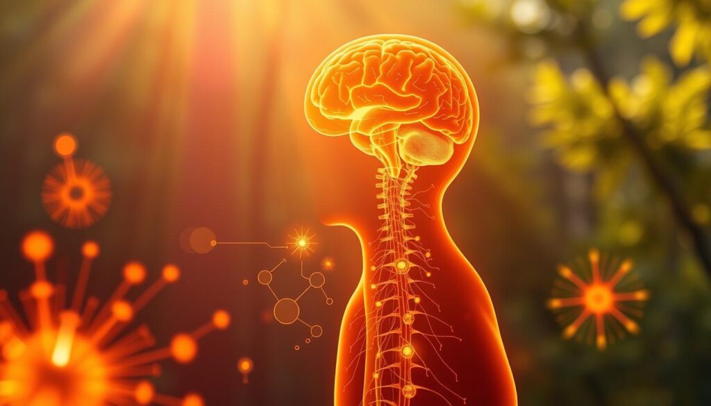 A vibrant, glowing visualization of the biochemical process of endorphin release in the human body. Depict the middle ground as a cutaway anatomical cross-section showcasing the brain, spinal cord, and nervous system, awash in a warm, golden glow. In the foreground, abstract shapes and symbols representing the surge of endorphins, serotonin, and other mood-boosting neurotransmitters. The background should convey a serene, natural environment bathed in soft, diffused sunlight, evoking a sense of calm and well-being. Utilize a shallow depth of field, with the focal point on the central nervous system. Employ a cinematic, ethereal style to capture the uplifting, almost transcendent nature of the endorphin response.