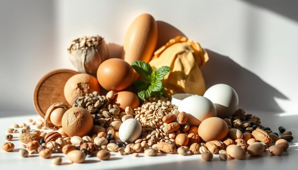 A vibrant, high-contrast still life composition showcasing a variety of protein-rich ingredients against a simple, neutral background. In the foreground, place a selection of nuts, seeds, eggs, and legumes, each item carefully arranged to create an aesthetically pleasing display. Use natural lighting from the side to create a chiaroscuro effect, casting deep shadows and highlighting the textures and shapes of the objects. In the middle ground, include a few fresh herbs or leafy greens to add a touch of freshness and color. Keep the background clean and uncluttered, allowing the protein-rich subjects to be the focal point of the image. A vibrant, high-contrast still life composition showcasing a variety of protein-rich ingredients against a simple, neutral background. In the foreground, place a selection of nuts, seeds, eggs, and legumes, each item carefully arranged to create an aesthetically pleasing display. Use natural lighting from the side to create a chiaroscuro effect, casting deep shadows and highlighting the textures and shapes of the objects. In the middle ground, include a few fresh herbs or leafy greens to add a touch of freshness and color. Keep the background clean and uncluttered, allowing the protein-rich subjects to be the focal point of the image.