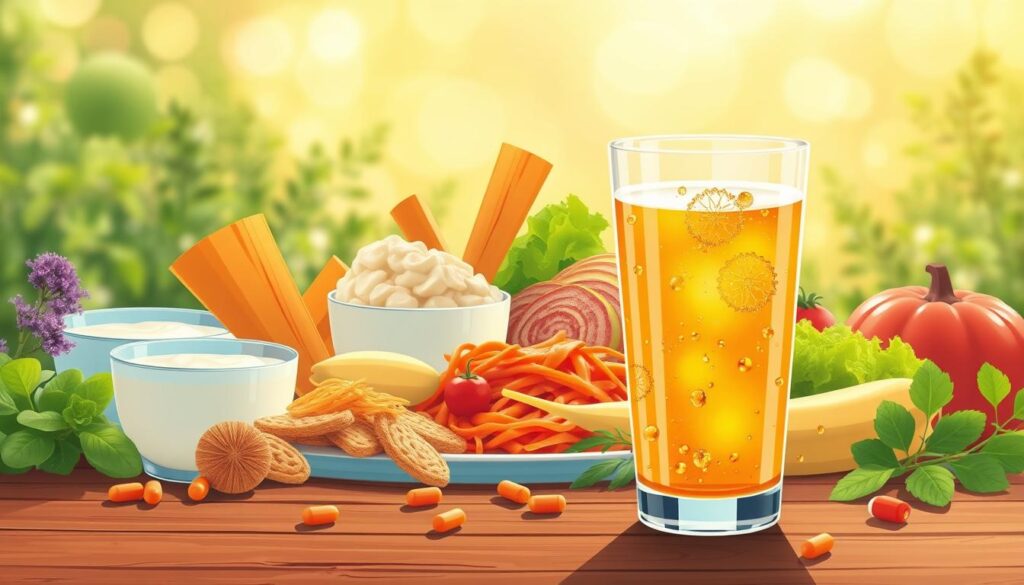 A vibrant illustration showcasing the concept of taking probiotics. In the foreground, a glass filled with a fizzy, golden-hued liquid, representing a probiotic-rich beverage or supplement. The middle ground features a selection of diverse, colorful probiotic-rich foods, such as yogurt, kefir, sauerkraut, and kimchi, arranged in a visually appealing manner. The background depicts a serene, natural setting, with lush greenery and a soothing, warm lighting that conveys a sense of wellness and balance. The overall composition suggests the harmonious integration of probiotics into a healthy lifestyle, reflecting the section's focus on when and how to incorporate these beneficial microorganisms into one's daily routine. A vibrant illustration showcasing the concept of taking probiotics. In the foreground, a glass filled with a fizzy, golden-hued liquid, representing a probiotic-rich beverage or supplement. The middle ground features a selection of diverse, colorful probiotic-rich foods, such as yogurt, kefir, sauerkraut, and kimchi, arranged in a visually appealing manner. The background depicts a serene, natural setting, with lush greenery and a soothing, warm lighting that conveys a sense of wellness and balance. The overall composition suggests the harmonious integration of probiotics into a healthy lifestyle, reflecting the section's focus on when and how to incorporate these beneficial microorganisms into one's daily routine.