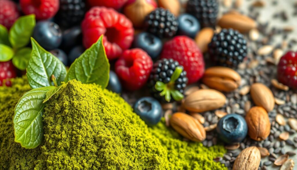 A vibrant, jewel-toned array of superfoods and antioxidant-rich ingredients, captured in a crisp, high-resolution photograph. In the foreground, a cluster of matcha leaves, vibrant green and glistening. In the middle ground, an assortment of berries - deep purple blueberries, ruby-red raspberries, and succulent blackberries. In the background, a scattering of nuts and seeds, including almonds, walnuts, and chia. Soft, natural lighting bathes the scene, highlighting the rich colors and textures. The composition is balanced and visually appealing, evoking a sense of health, wellness, and vitality. A vibrant, jewel-toned array of superfoods and antioxidant-rich ingredients, captured in a crisp, high-resolution photograph. In the foreground, a cluster of matcha leaves, vibrant green and glistening. In the middle ground, an assortment of berries - deep purple blueberries, ruby-red raspberries, and succulent blackberries. In the background, a scattering of nuts and seeds, including almonds, walnuts, and chia. Soft, natural lighting bathes the scene, highlighting the rich colors and textures. The composition is balanced and visually appealing, evoking a sense of health, wellness, and vitality.
