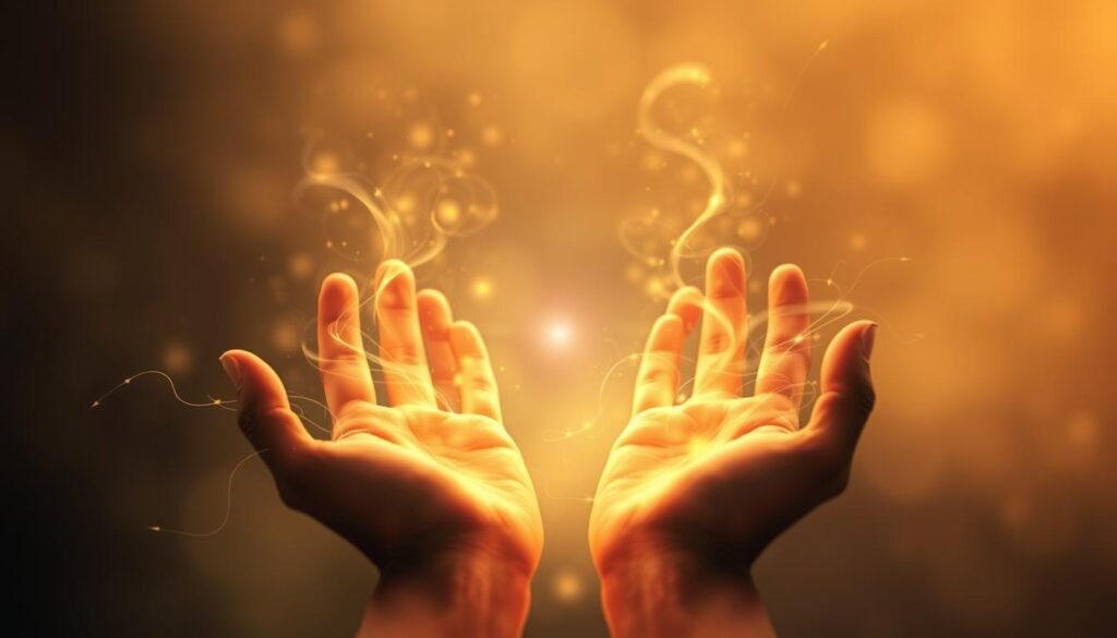 A vibrant, luminous energy field radiating from the palms of outstretched hands, enveloping the viewer in a warm, soothing glow. Shimmering strands of light intertwine, undulating and pulsing with a tranquil, ethereal energy. In the background, a soft, hazy atmosphere with a faint, celestial hue, creating a sense of tranquility and healing. The composition is balanced and symmetrical, with the hands positioned centrally, drawing the viewer's attention to the core of the reiki energy. The lighting is soft and diffuse, lending an otherworldly, mystical quality to the scene.