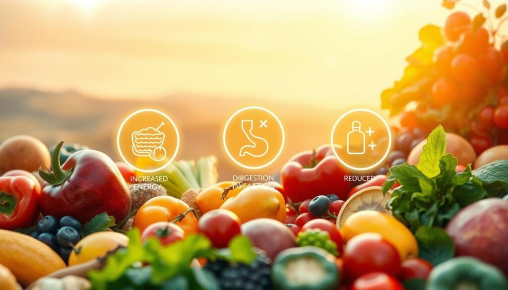 A vibrant, photorealistic image of various health benefits associated with an alkaline diet. In the foreground, a bountiful array of fresh fruits and vegetables, their colors and textures realistically rendered under warm, natural lighting. In the middle ground, glowing icons representing increased energy, improved digestion, and reduced inflammation float in a serene, airy atmosphere. In the background, a softly blurred, serene landscape unfolds, suggesting the tranquility and balance achieved through an alkaline lifestyle. The overall mood is one of abundance, vitality, and holistic wellbeing.
