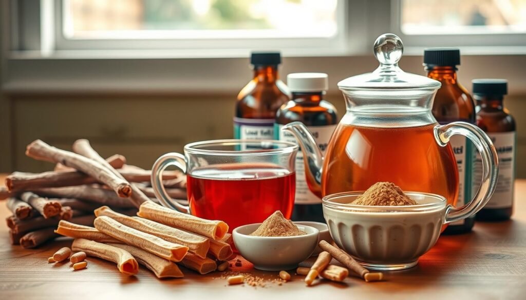 A vibrant, realistic still-life scene depicting the safe and responsible use of licorice root. In the foreground, an artfully arranged composition of licorice sticks, a glass teapot filled with fragrant licorice tea, and a small ceramic bowl of licorice root powder. The middle ground showcases a selection of licorice-based supplements in amber glass bottles, their labels clearly displaying dosage information. The background features a wooden table surface, with natural light filtering in through a window, casting a warm, golden glow over the scene. The overall mood is one of wellness, balance, and thoughtful consumption, inviting the viewer to consider the medicinal properties of licorice while exercising caution and moderation. A vibrant, realistic still-life scene depicting the safe and responsible use of licorice root. In the foreground, an artfully arranged composition of licorice sticks, a glass teapot filled with fragrant licorice tea, and a small ceramic bowl of licorice root powder. The middle ground showcases a selection of licorice-based supplements in amber glass bottles, their labels clearly displaying dosage information. The background features a wooden table surface, with natural light filtering in through a window, casting a warm, golden glow over the scene. The overall mood is one of wellness, balance, and thoughtful consumption, inviting the viewer to consider the medicinal properties of licorice while exercising caution and moderation.
