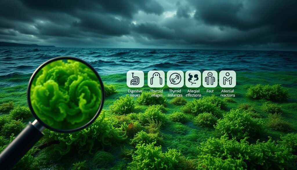 A vibrant sea filled with swirling, emerald-green sea moss, accompanied by cautionary icons and symbols. In the foreground, a magnifying glass reveals the intricate textures and potential risks of consuming this marine algae. In the middle ground, a series of medical-style pictograms highlight potential side effects, such as digestive issues, thyroid imbalances, and allergic reactions. The background features an ominous, stormy seascape, conveying the importance of understanding sea moss' potential dangers before incorporating it into one's diet. Dramatic lighting and a moody color palette evoke a sense of caution and concern. A vibrant sea filled with swirling, emerald-green sea moss, accompanied by cautionary icons and symbols. In the foreground, a magnifying glass reveals the intricate textures and potential risks of consuming this marine algae. In the middle ground, a series of medical-style pictograms highlight potential side effects, such as digestive issues, thyroid imbalances, and allergic reactions. The background features an ominous, stormy seascape, conveying the importance of understanding sea moss' potential dangers before incorporating it into one's diet. Dramatic lighting and a moody color palette evoke a sense of caution and concern.